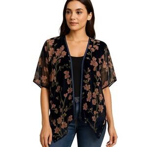 Nostalgia Velvet Floral Kimono Cardigan S Navy Blue Pink Open Front Boho Layer